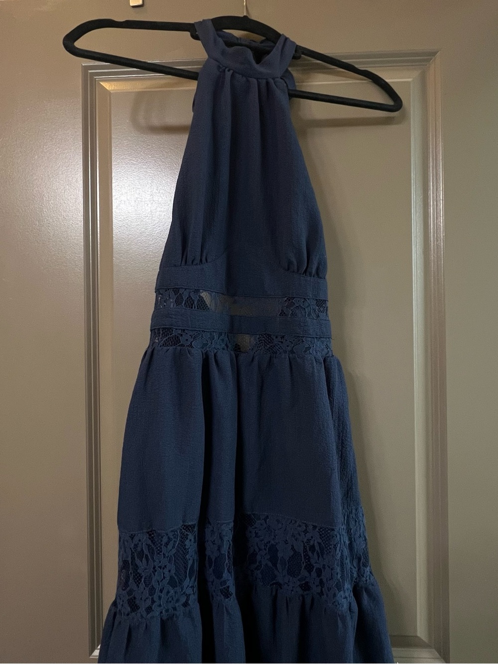 Lulus Sunshine Fine Navy Blue Lace Tiered Halter Midi Dress